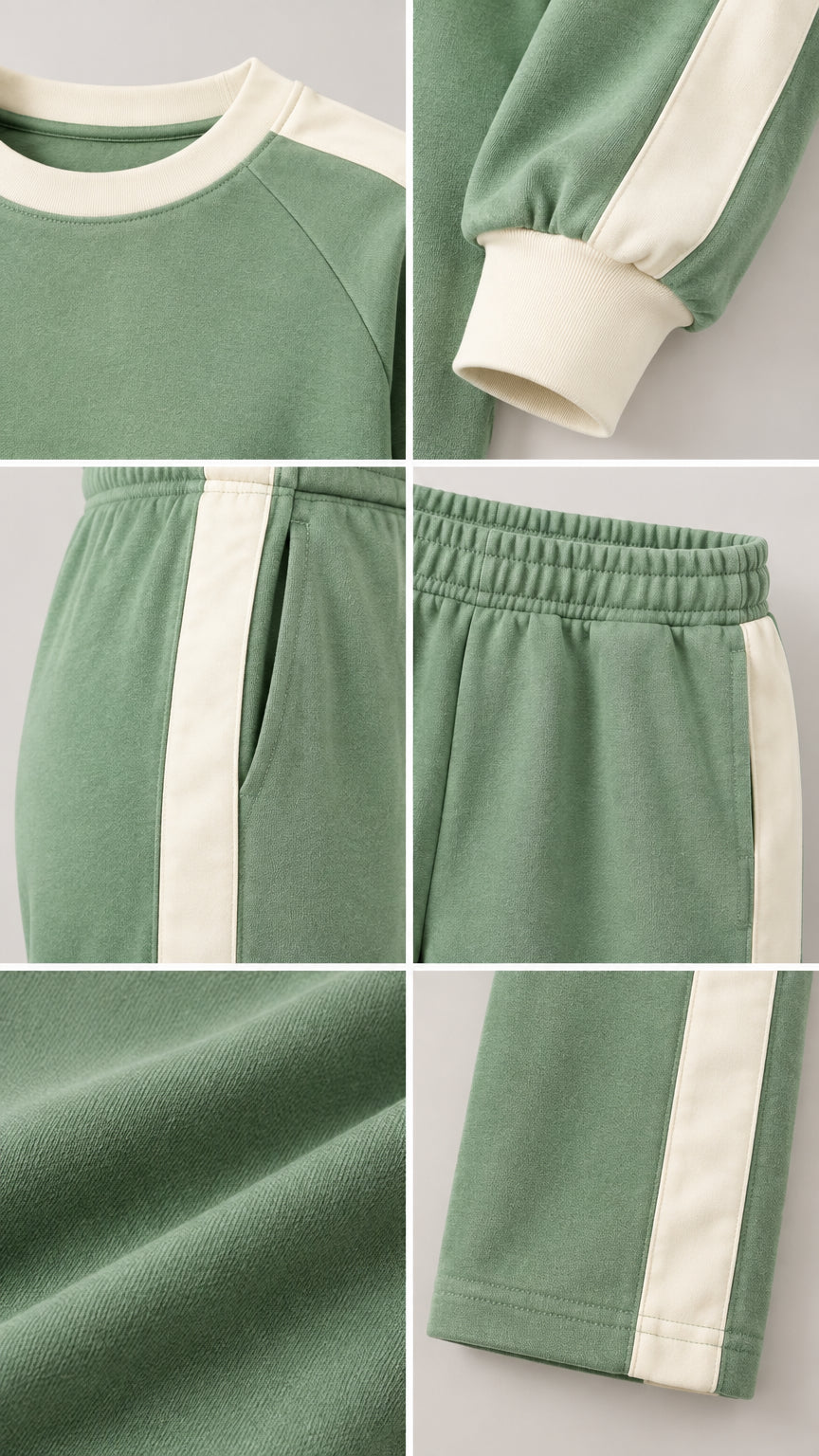 Detail composite of crew neckline, ribbed cuffs, side pockets, waistband, and soft fabric