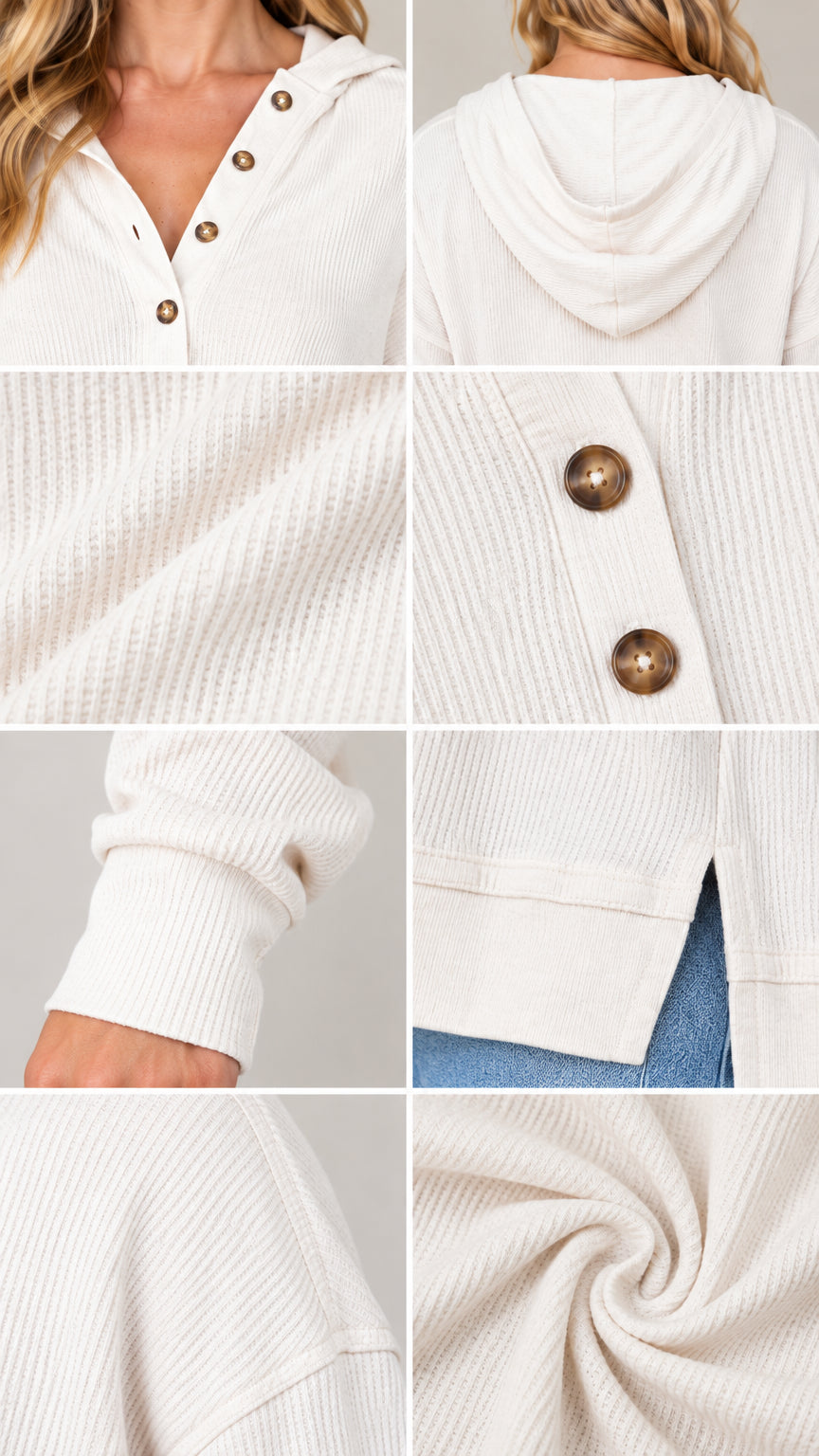 Close-up collage of cream waffle knit fabric, buttons, hood, ribbed cuffs, and side slit