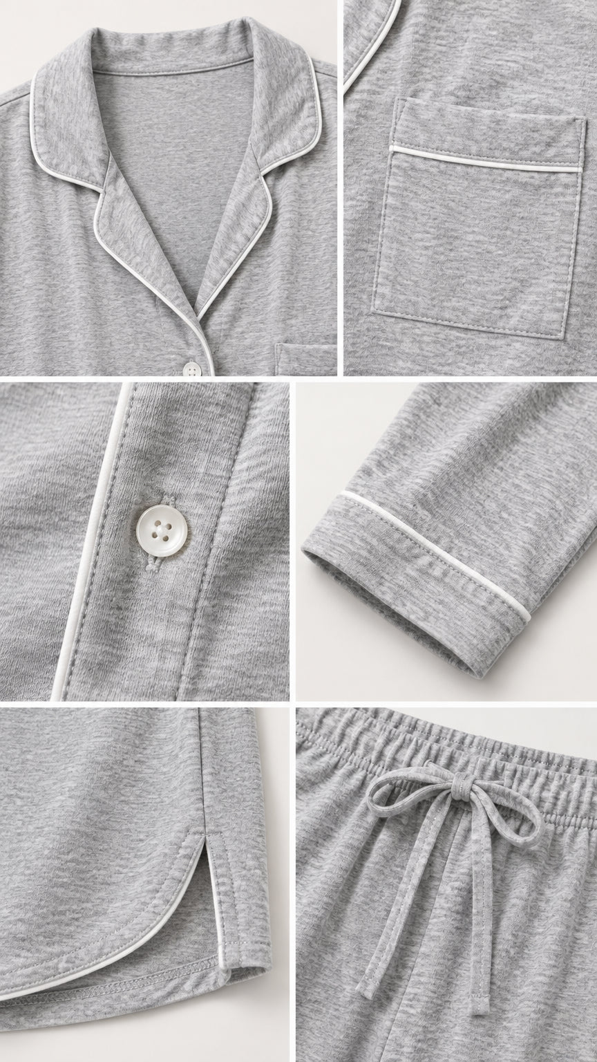Close-up details of Heather Grey pajama set showing notched collar, chest pocket, buttons, cuffs, hem slit, and drawstring waistband with contrast piping
