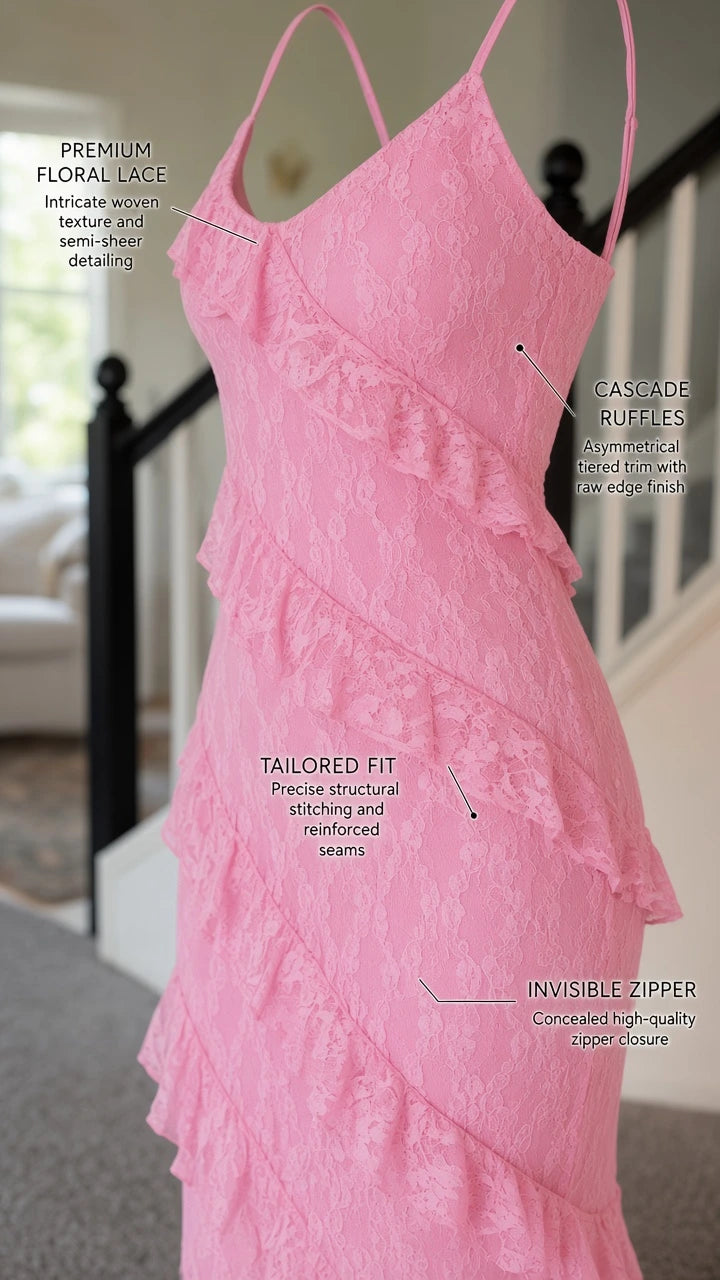 Close-up detail of pink floral lace fabric, cascading ruffles, and back zipper