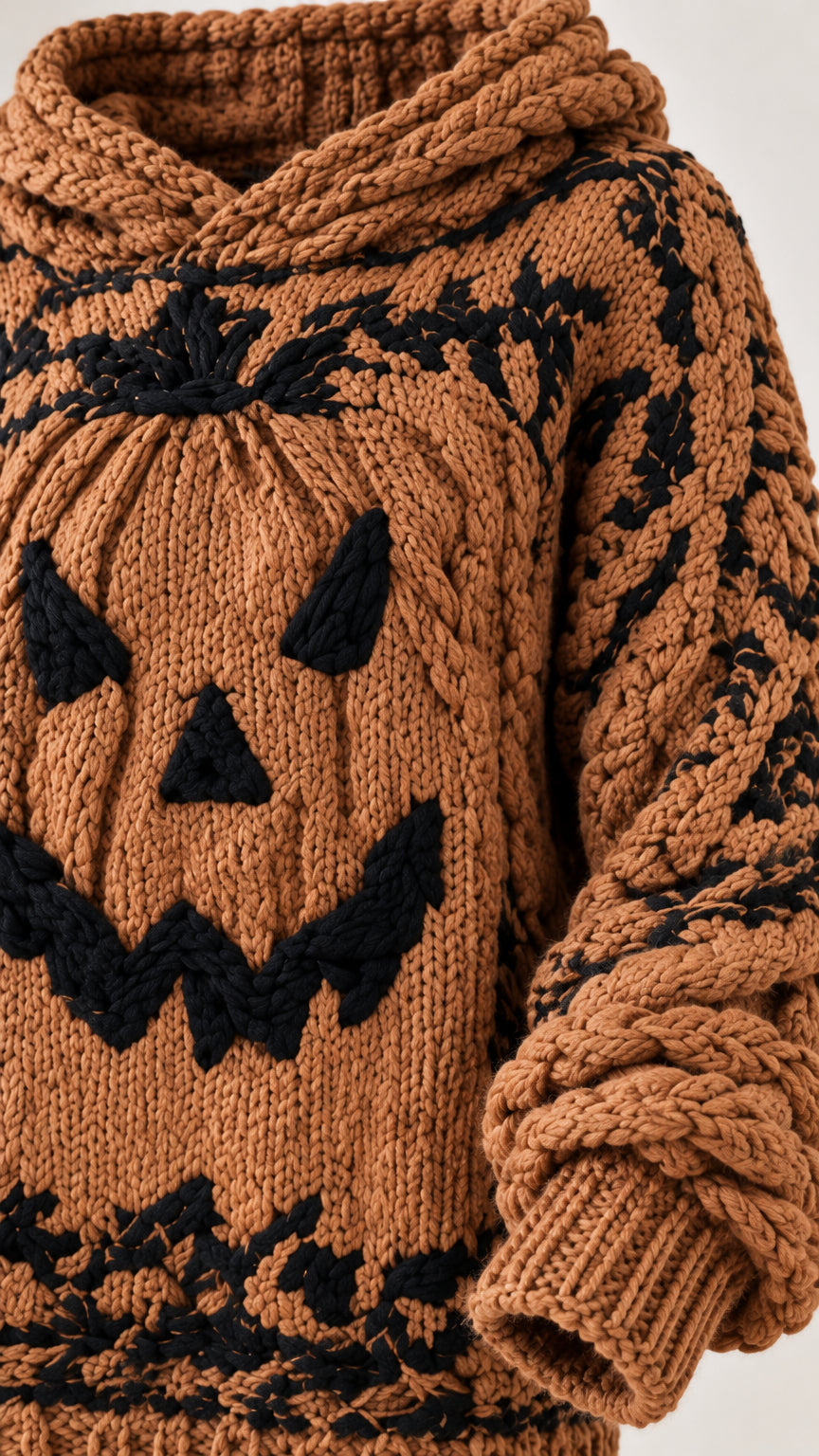 Close-up detail of brown chunky cable knit texture with black pumpkin face pattern