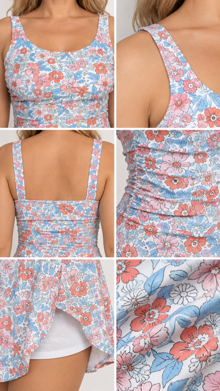 Close-up details of scoop neckline, straps, ruched side, floral print, and inner white shorts lining
