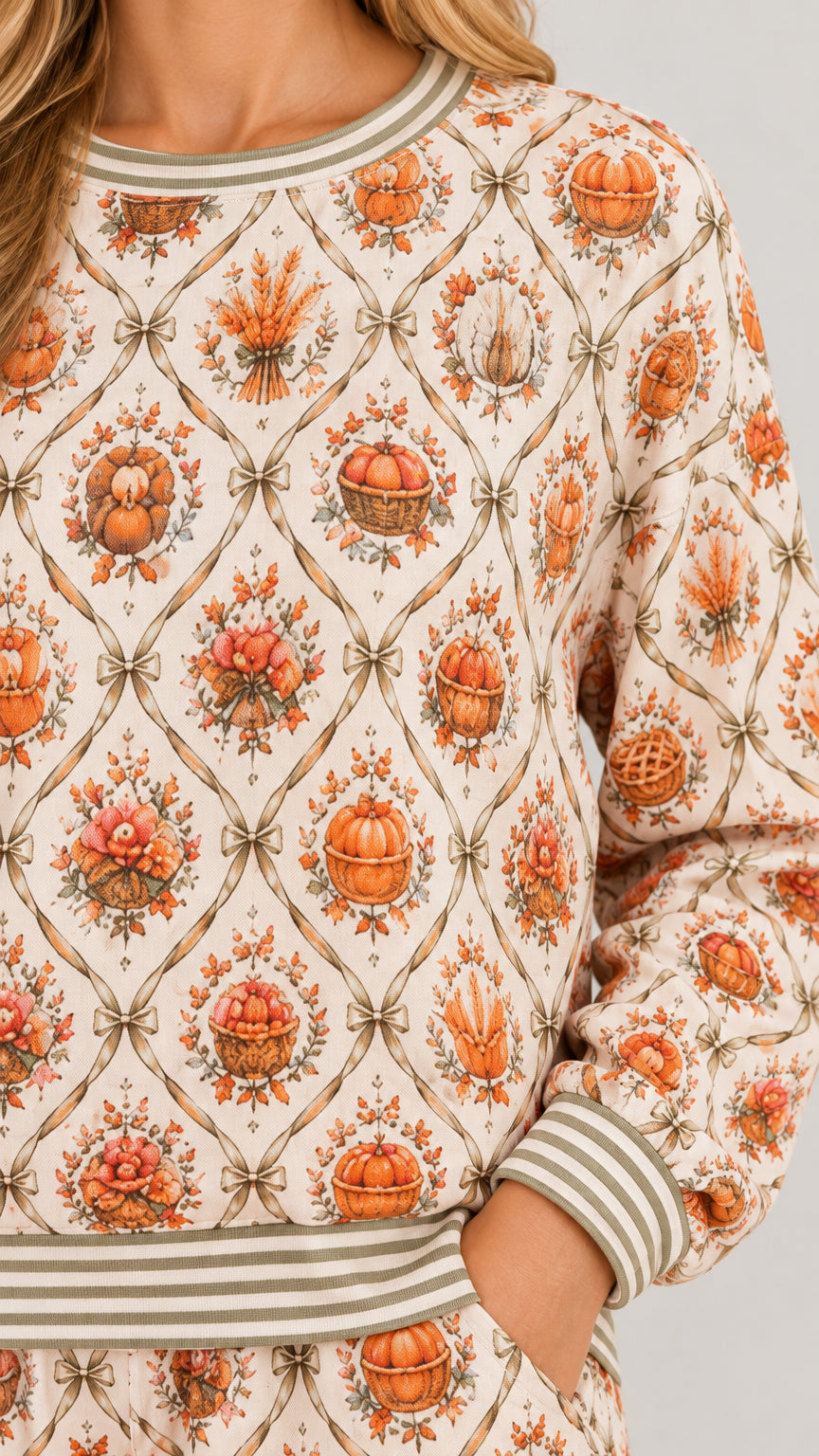 Close-up detail of pumpkin lattice print and striped ribbed collar and hem
