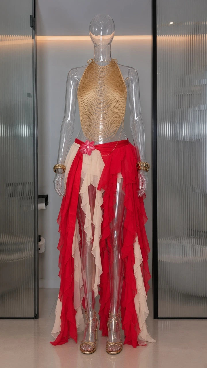 Mannequin display of the gold fringe halter crop top and red cascade ruffle skirt outfit