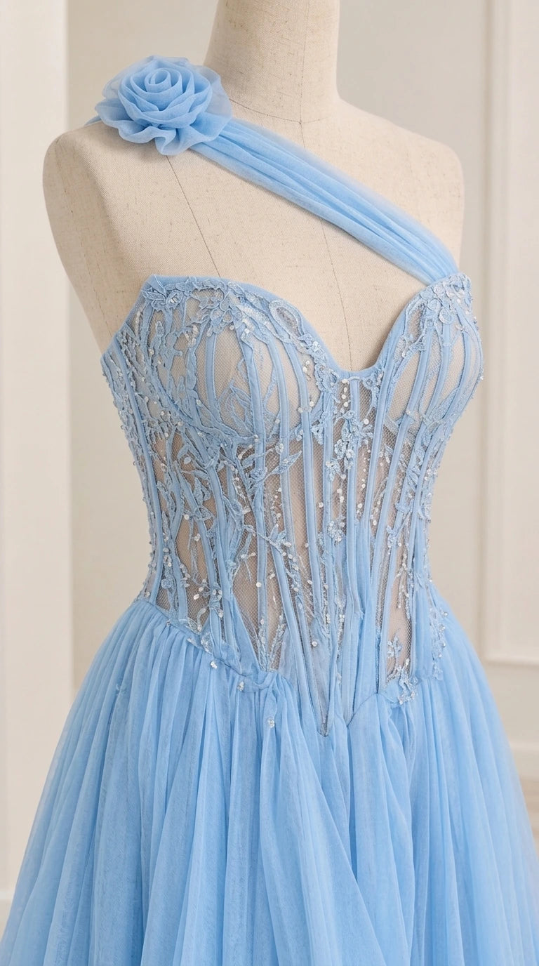 Close-up detail of embellished corset bodice and floral strap