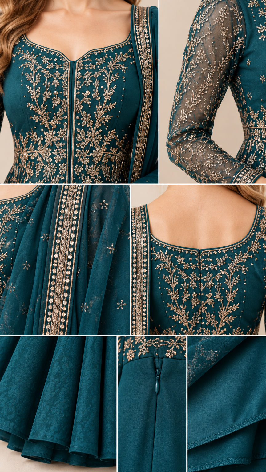 Close-up details of embroidery, sheer sleeves, embellished dupatta border, and zipper