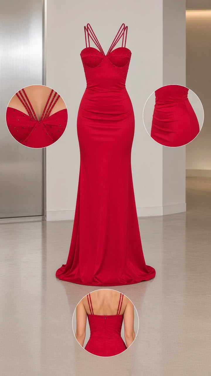 Detailed flat lay of red evening gown showing sweetheart bodice, straps, and gathering