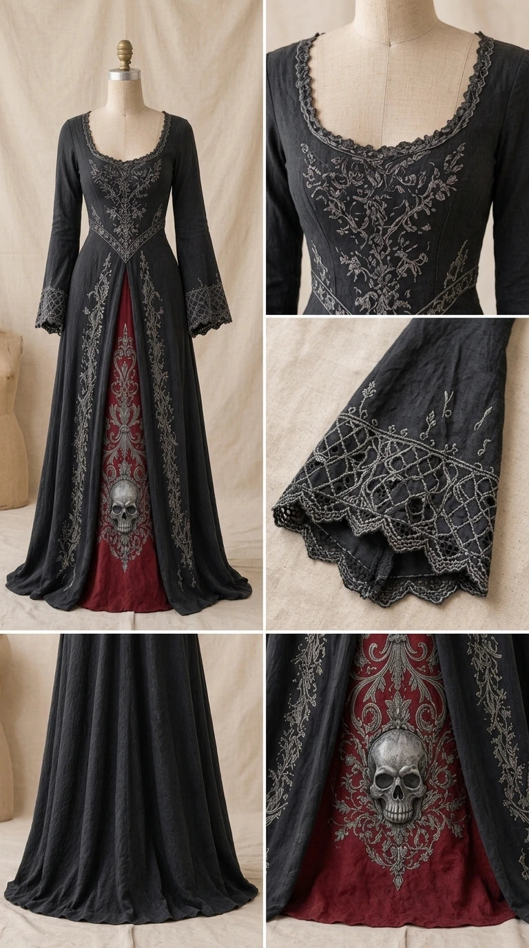 Collage showing mannequin display and close-up details of skull embroidery and scalloped cuffs