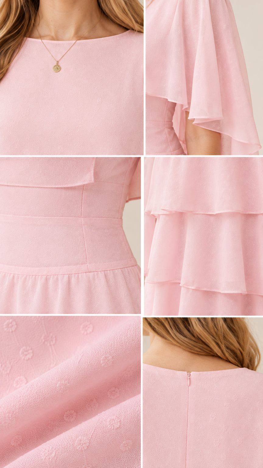 Close-up details of neckline, tiered waist, textured chiffon, and back zipper