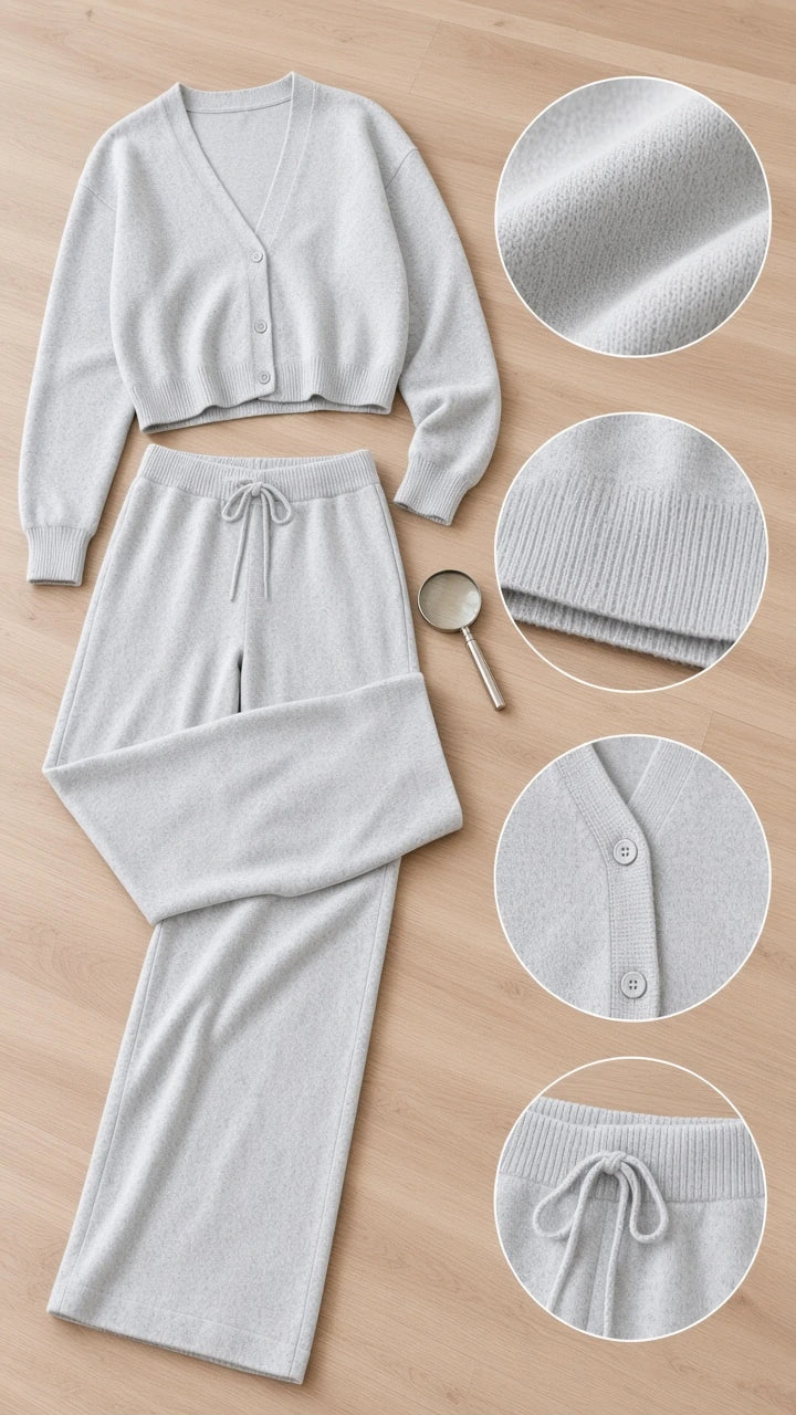 Flat lay and close-up texture details of the plush knit cardigan and drawstring pants set