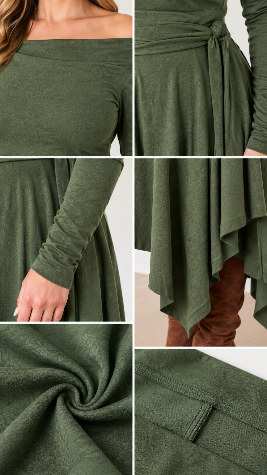 Detailed close-ups showing neckline, tie waist, cuff, handkerchief hem, and knit fabric texture