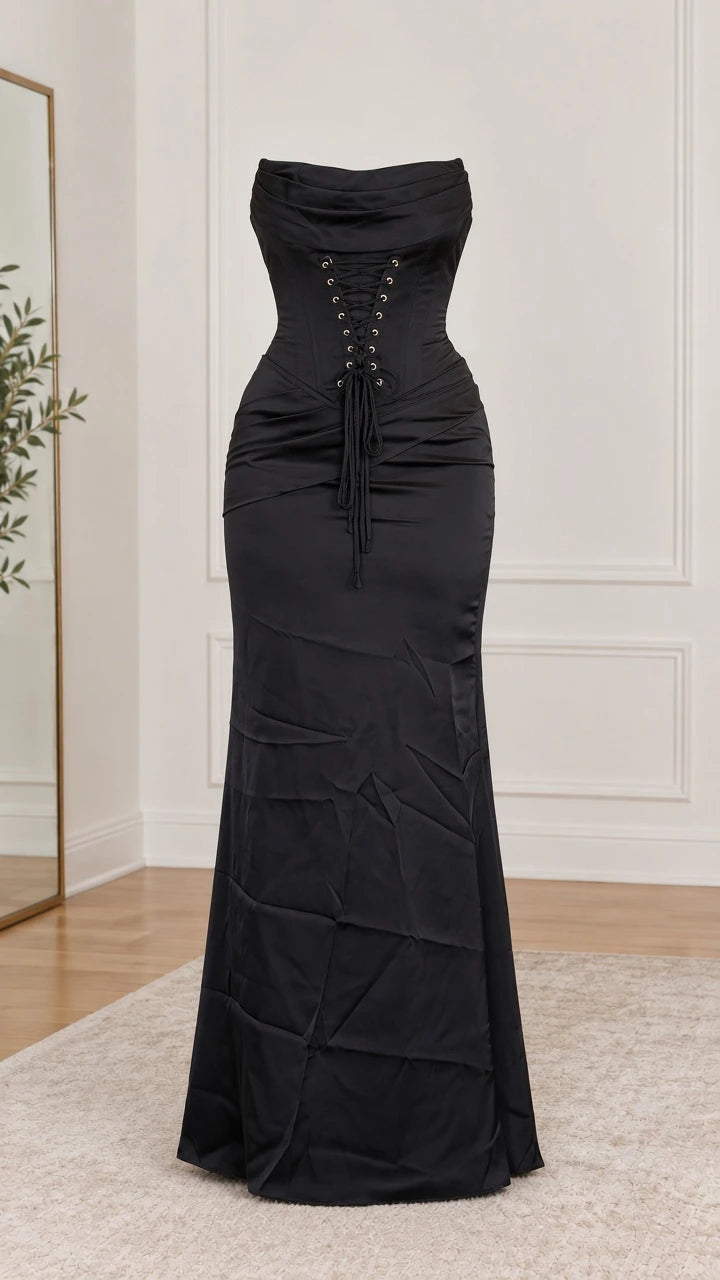 Front and back product ghost view of black corset maxi dress