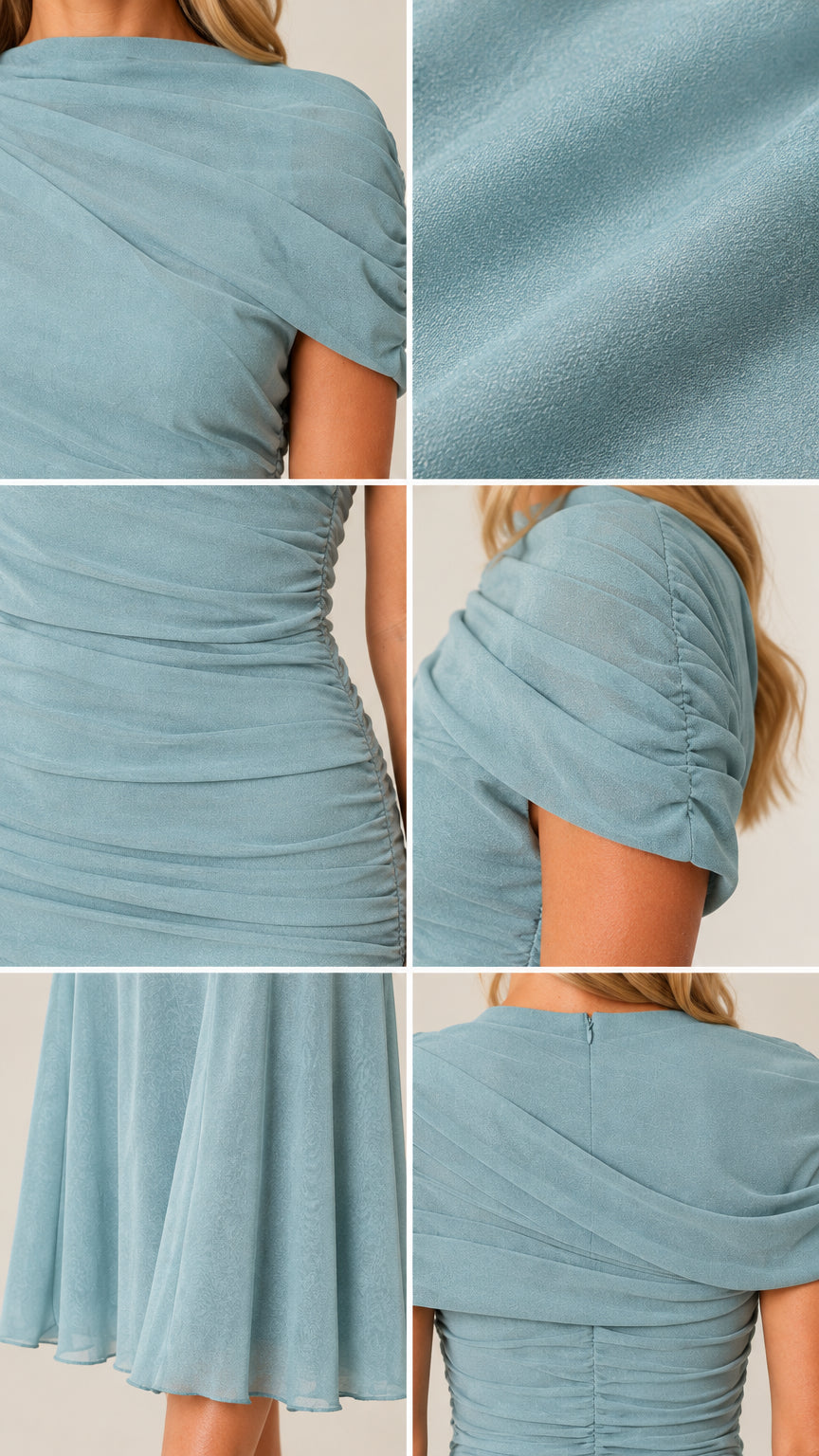 Close-up details of dusty blue dress fabric texture, draped neckline, ruching, and hem