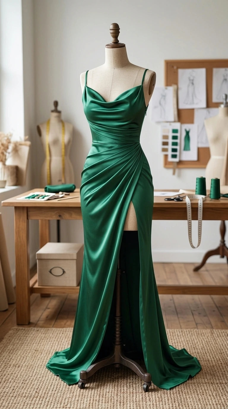 Emerald green satin cowl neck evening dress on mannequin in atelier