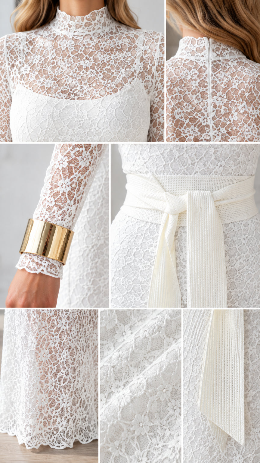 Close-up details of white high neck lace overlay, back zipper, sleeve cuff, and ribbon tie belt