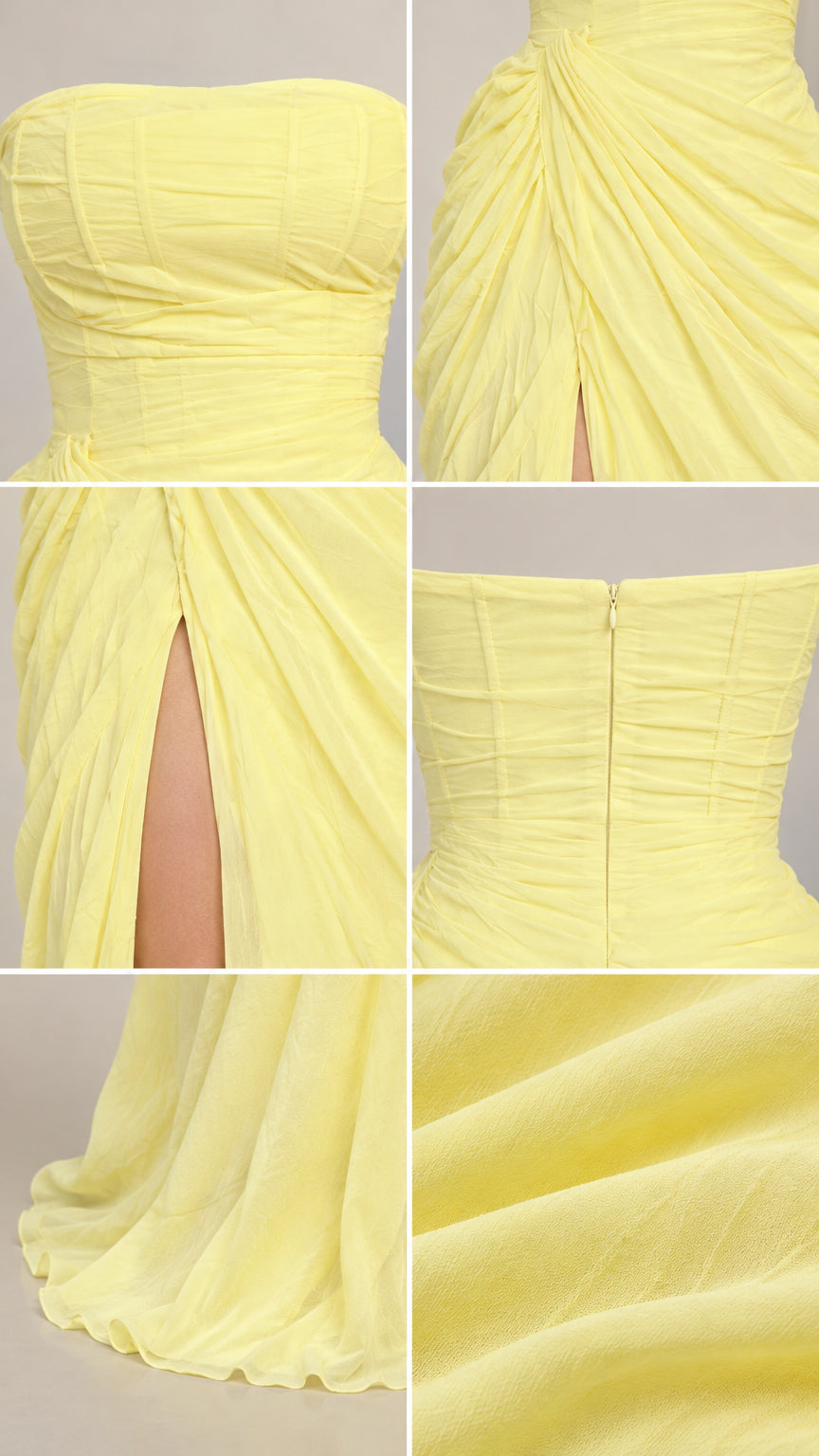Detailed close-ups of yellow gown showing bodice ruching, hip gathers, slit, zipper, and fabric texture