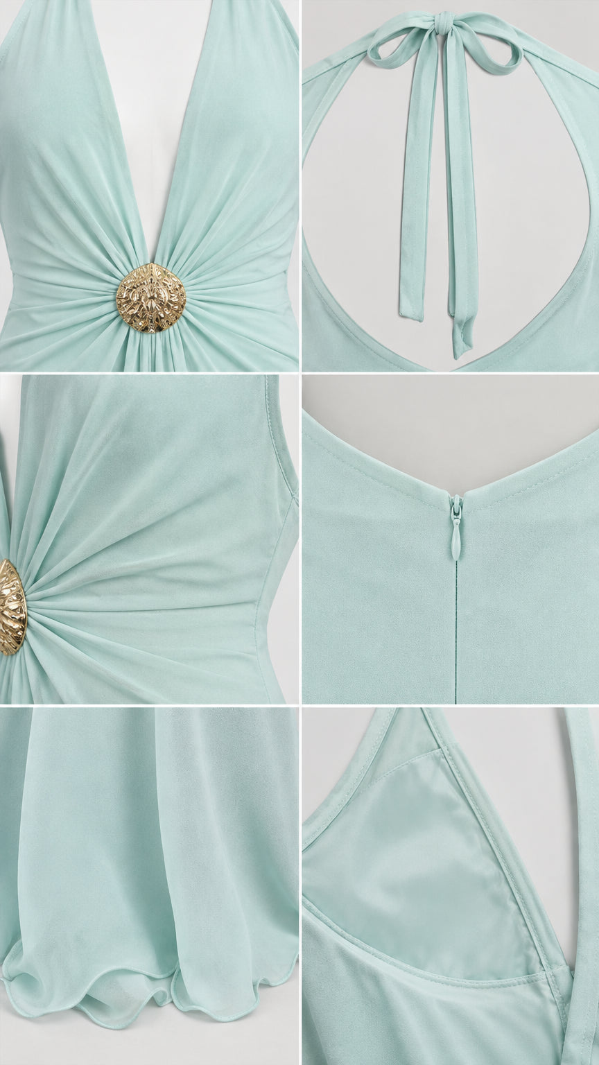 Close-up details of metallic ring brooch, halter tie, gathered pleats, and back zipper on mint green gown
