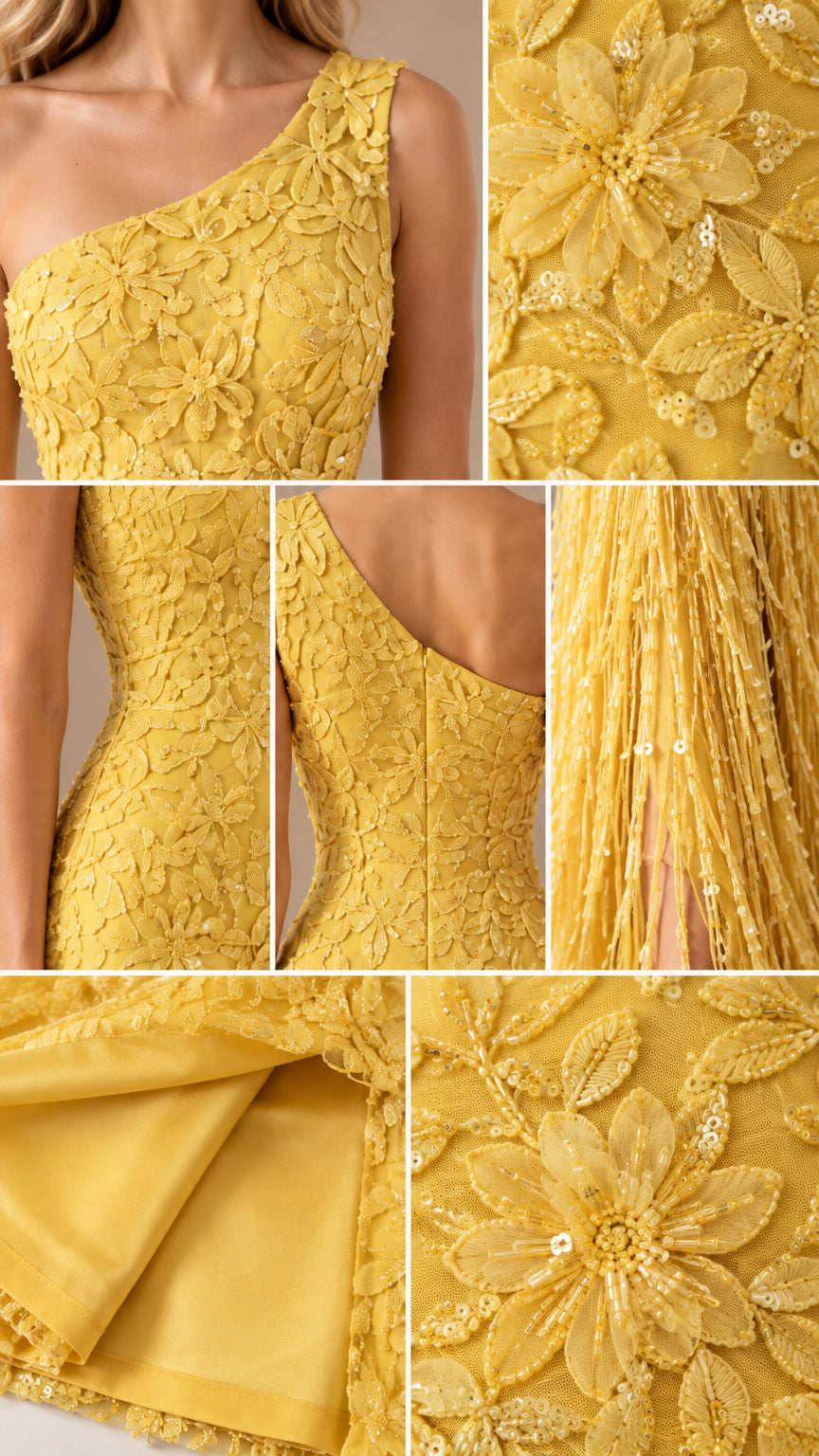 Detailed collage showing sequin floral embroidery, zipper closure, fringe layer, and inner lining