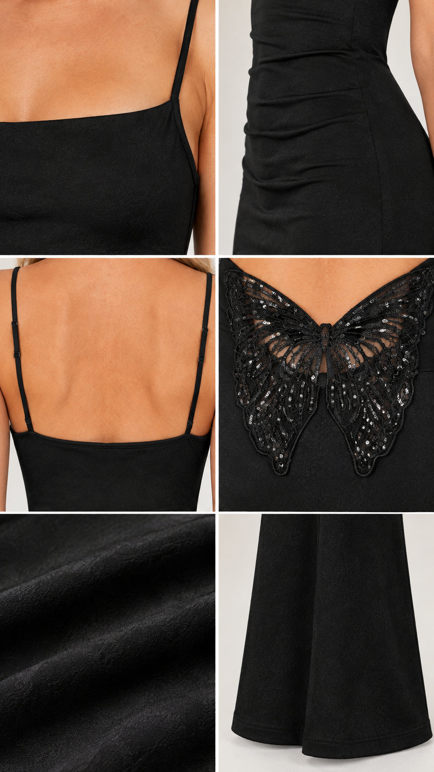 Close-up details of neckline, waist ruching, butterfly motif, fabric, and hem