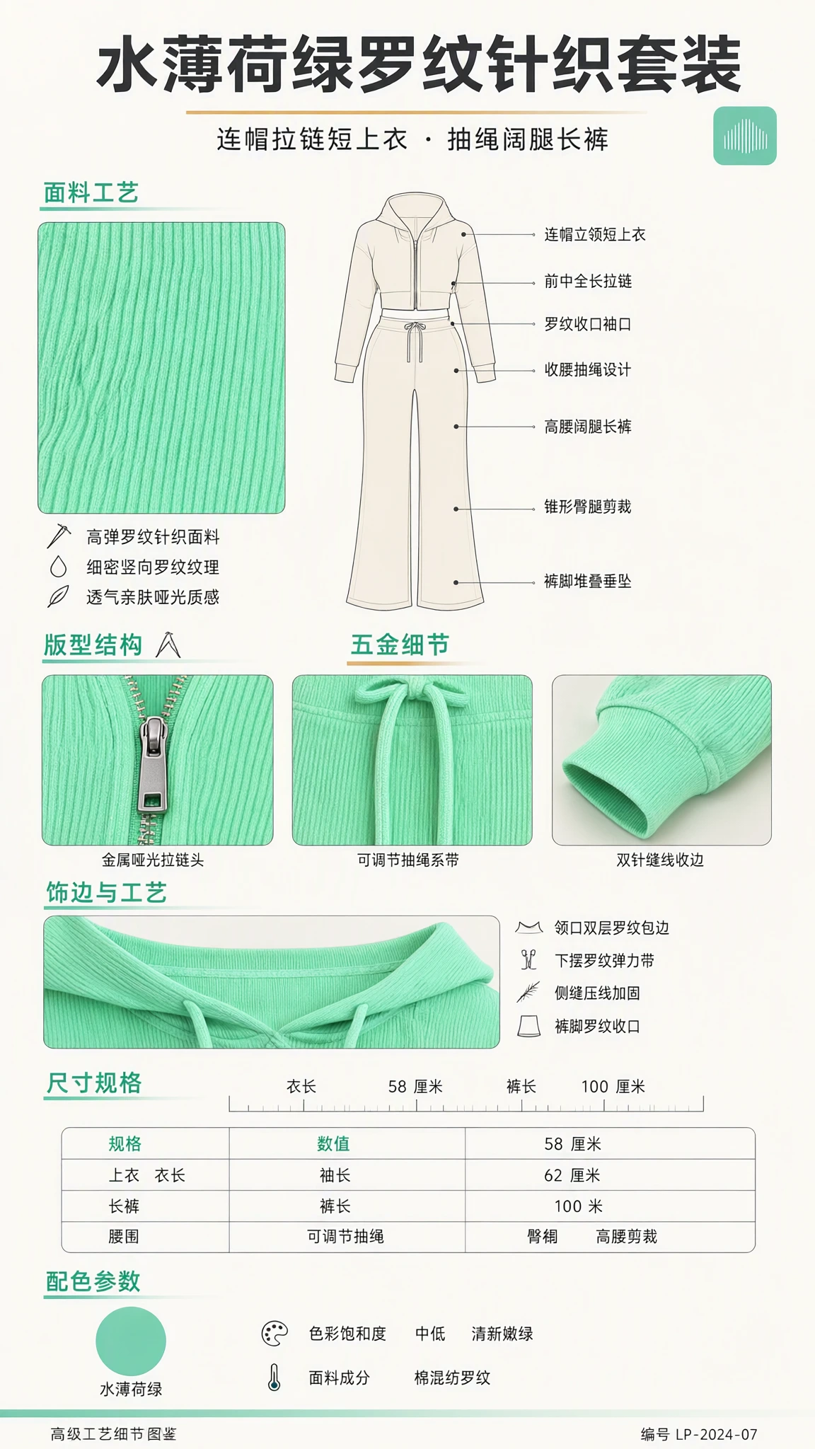 Technical design and detailed specification sheet for ribbed knit tracksuit set