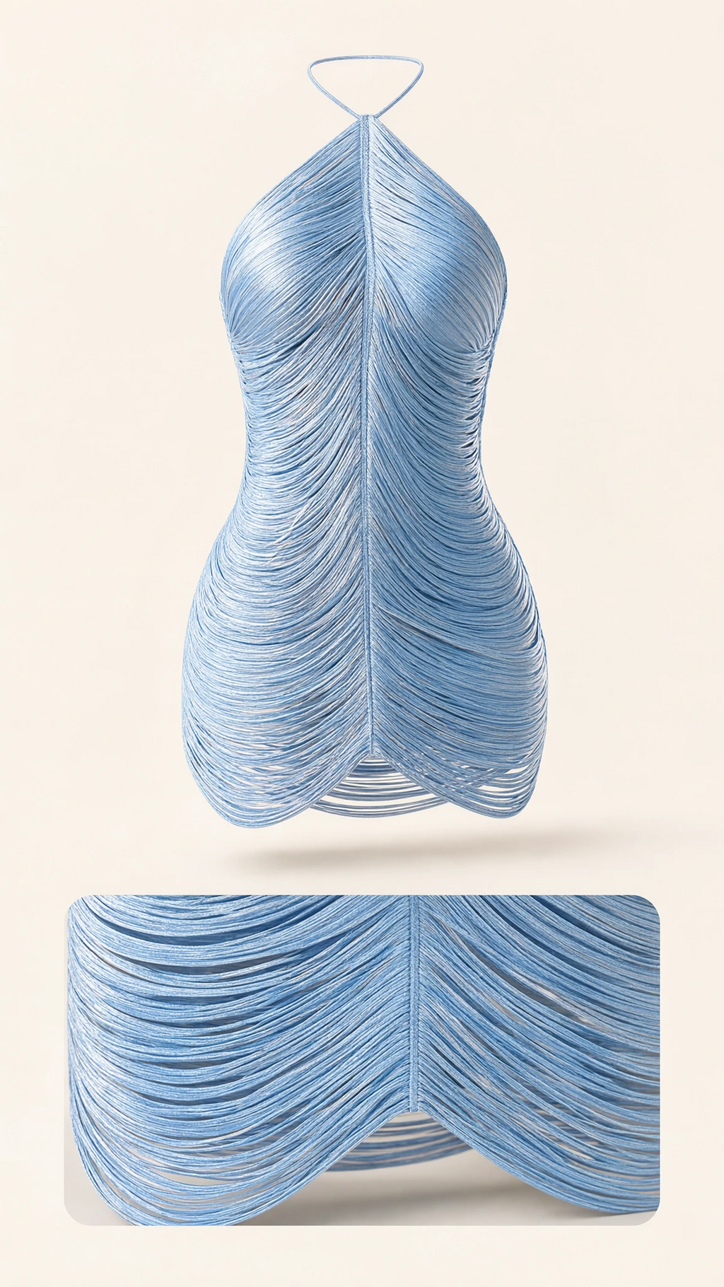 Ghost mannequin and close-up fabric detail of light blue fringe halter mini dress