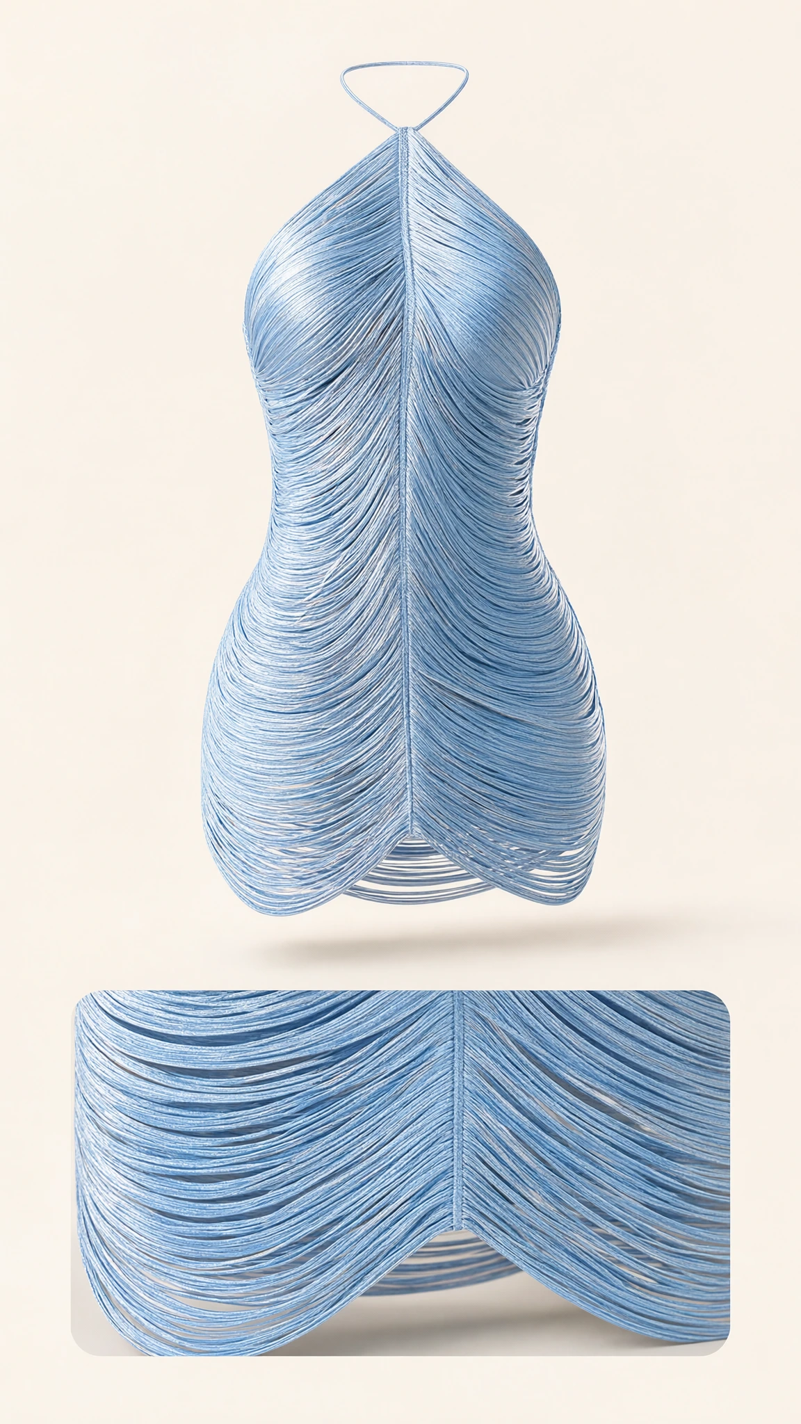Ghost mannequin and close-up fabric detail of light blue fringe halter mini dress
