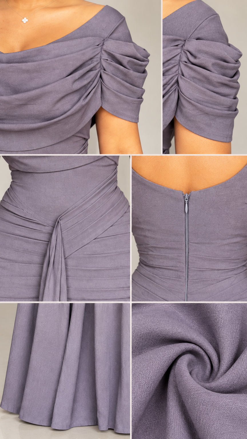 Detailed collage showing ruched sleeves, draped neckline, waist sash, zipper, and fabric texture
