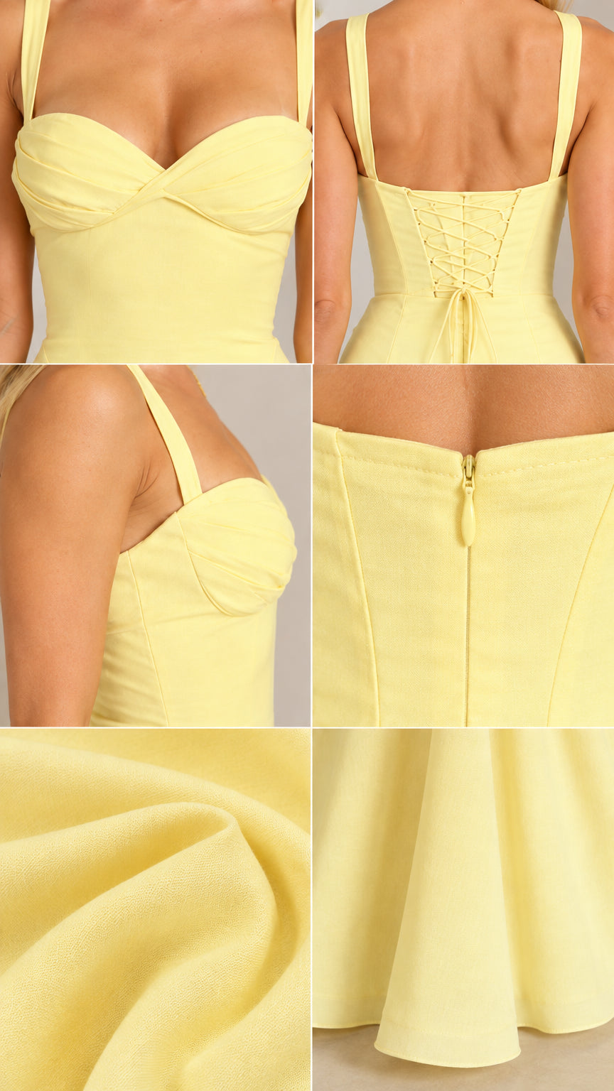 Close-up collage of sweetheart bodice, corset back, zipper, and fabric texture in yellow