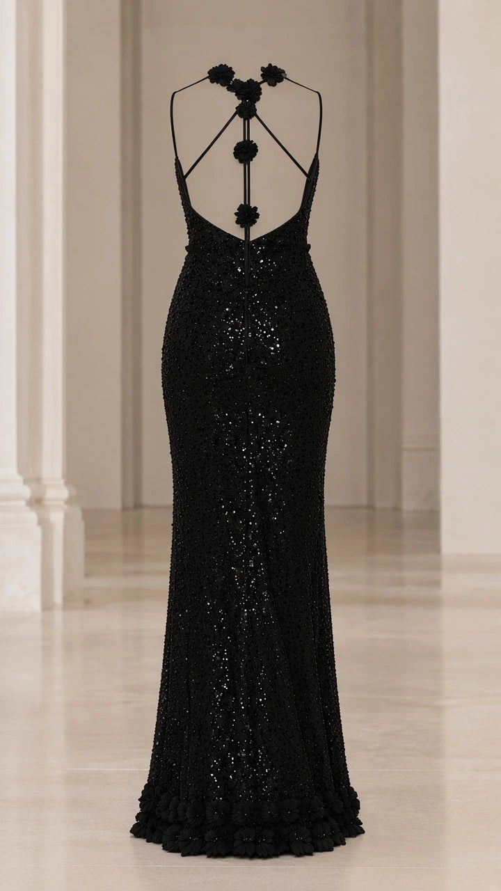 Detailed back view of black sequin evening gown on mannequin with rosette spine detail