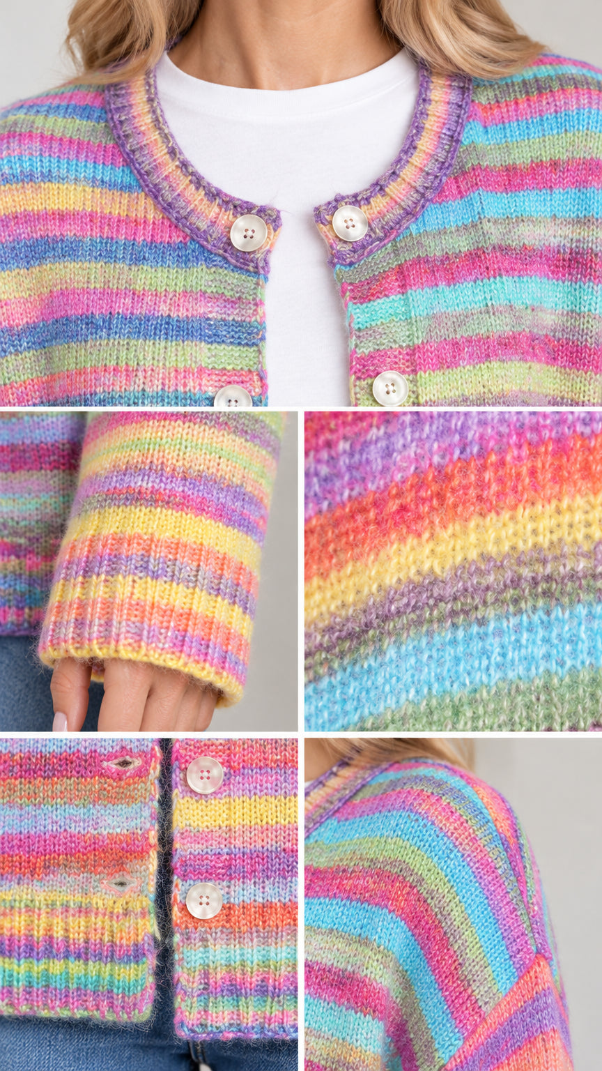 Close-up details of Rainbow Multi cardigan buttons, neckline, sleeve cuff, and knit texture