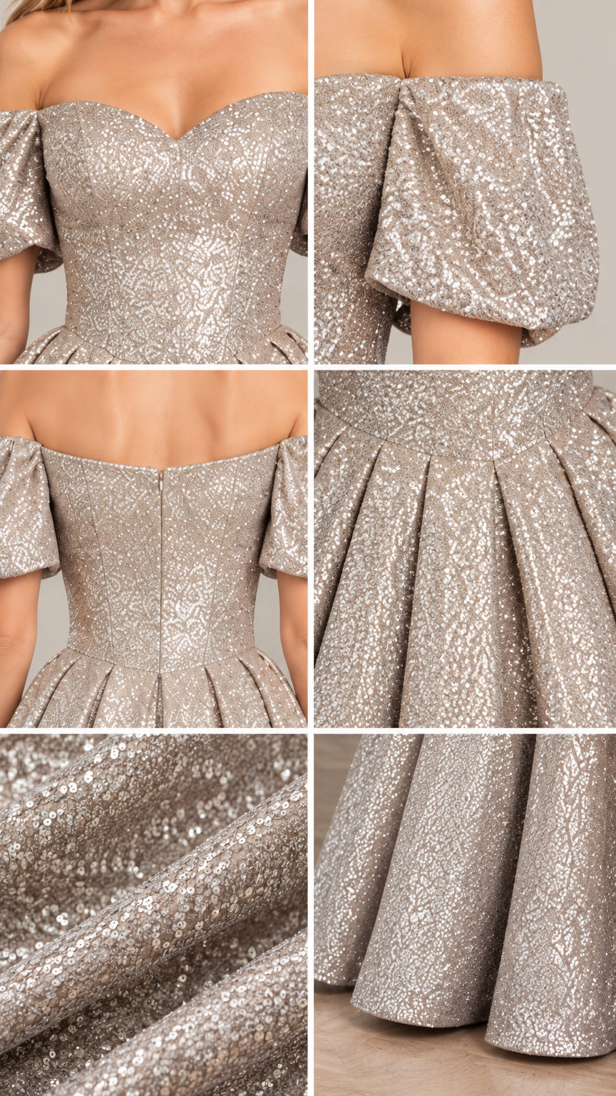 Detailed close-ups of sweetheart bodice, puff sleeve, back zip, pleats, and glitter fabric texture