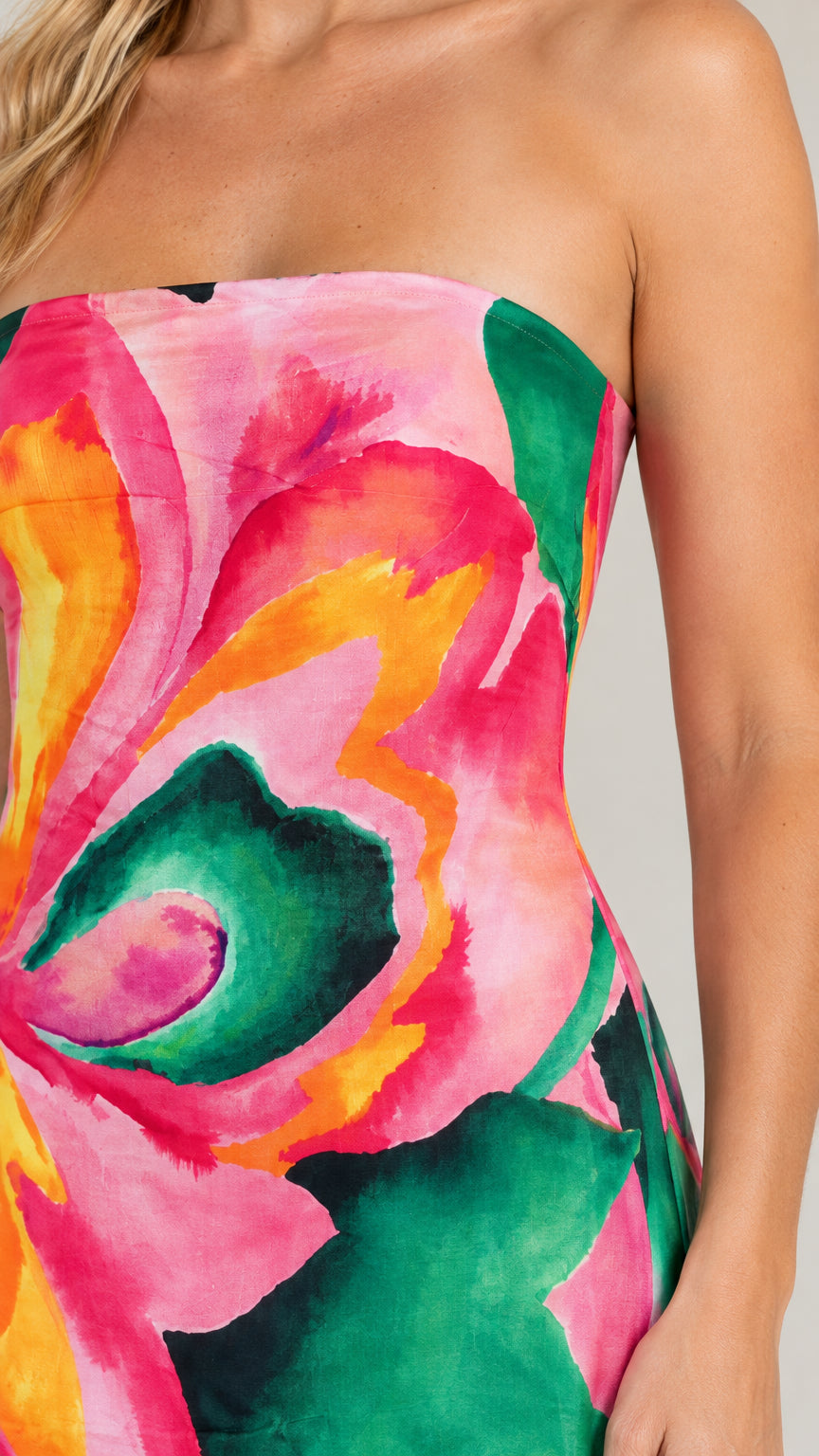 Close-up detail of watercolor floral pattern on Light Pink strapless dress bodice