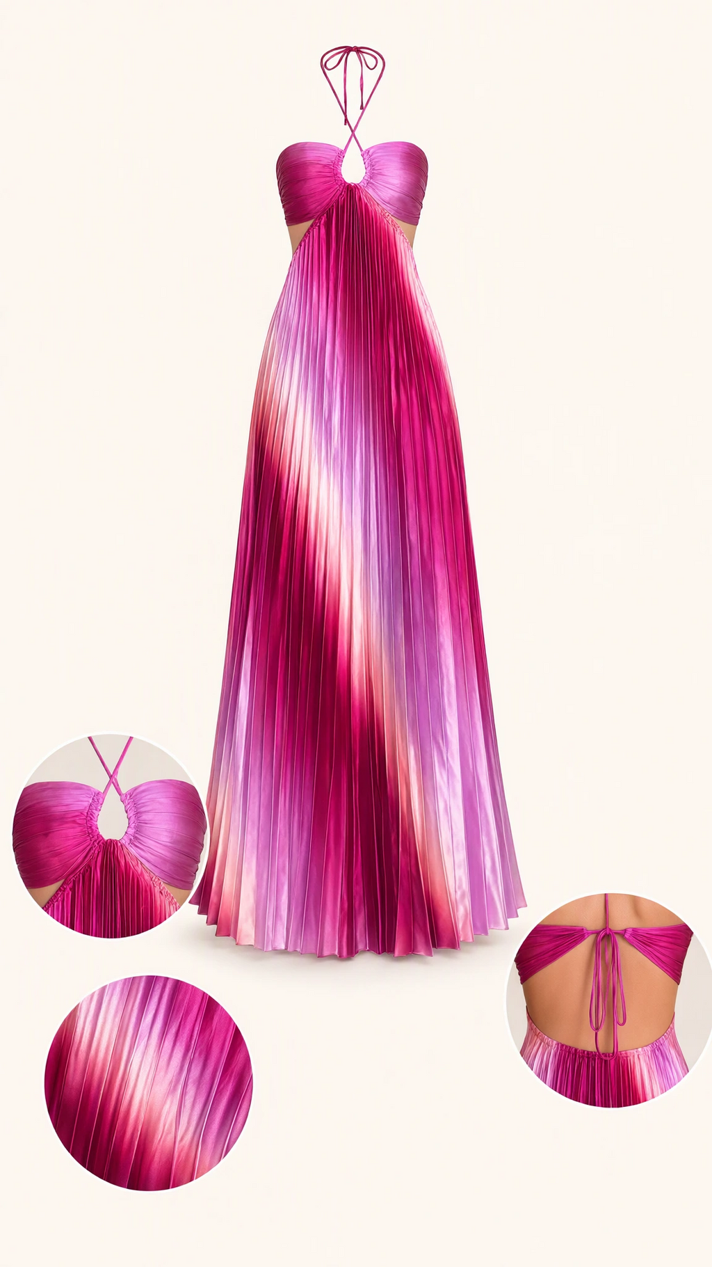 Product display with detail close-ups of magenta ombre pleated cutout maxi dress