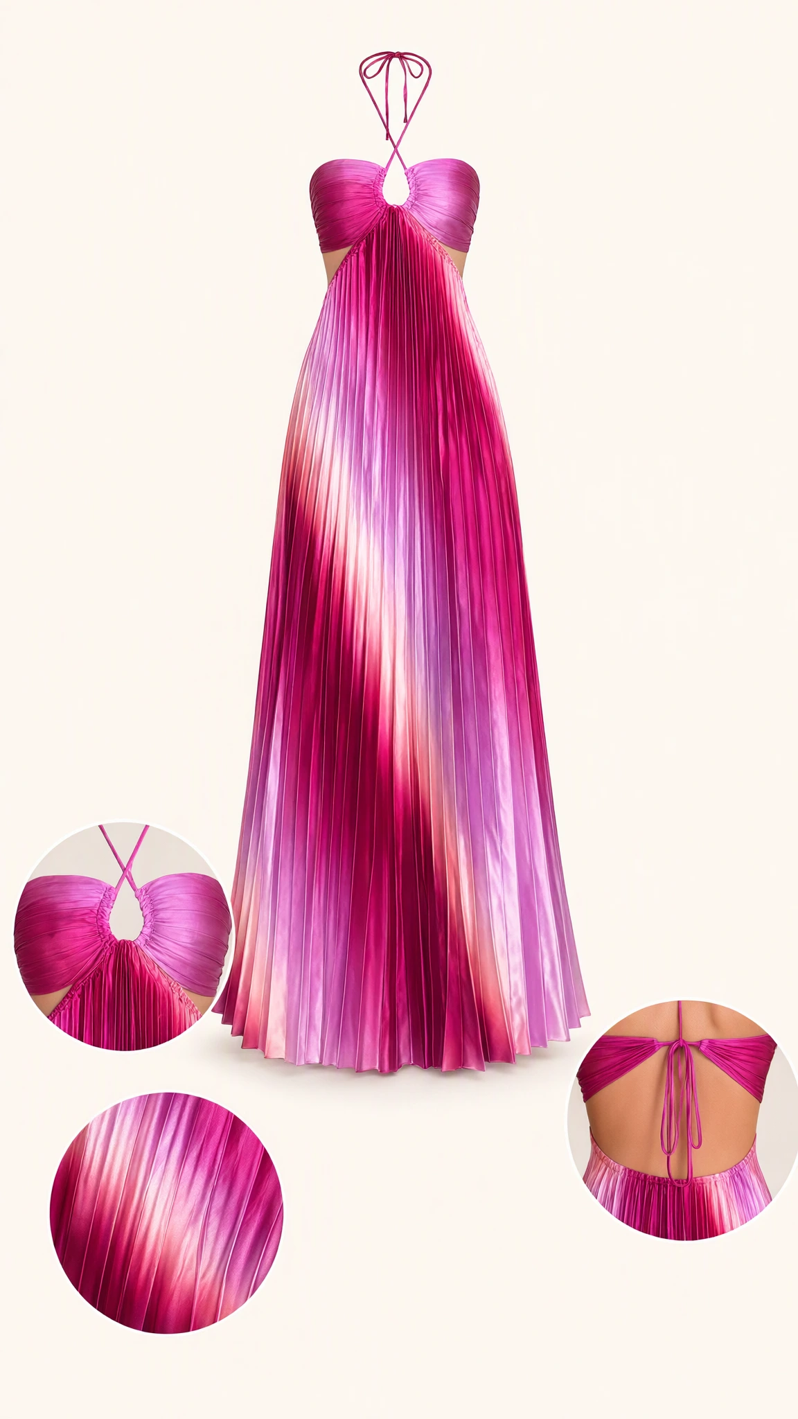 Product display with detail close-ups of magenta ombre pleated cutout maxi dress