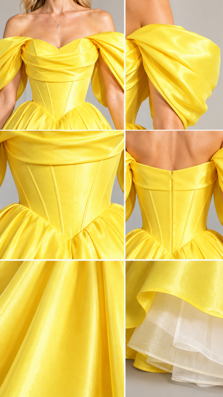 Close-up details of the bodice boning, puff sleeves, back closure, and skirt hem