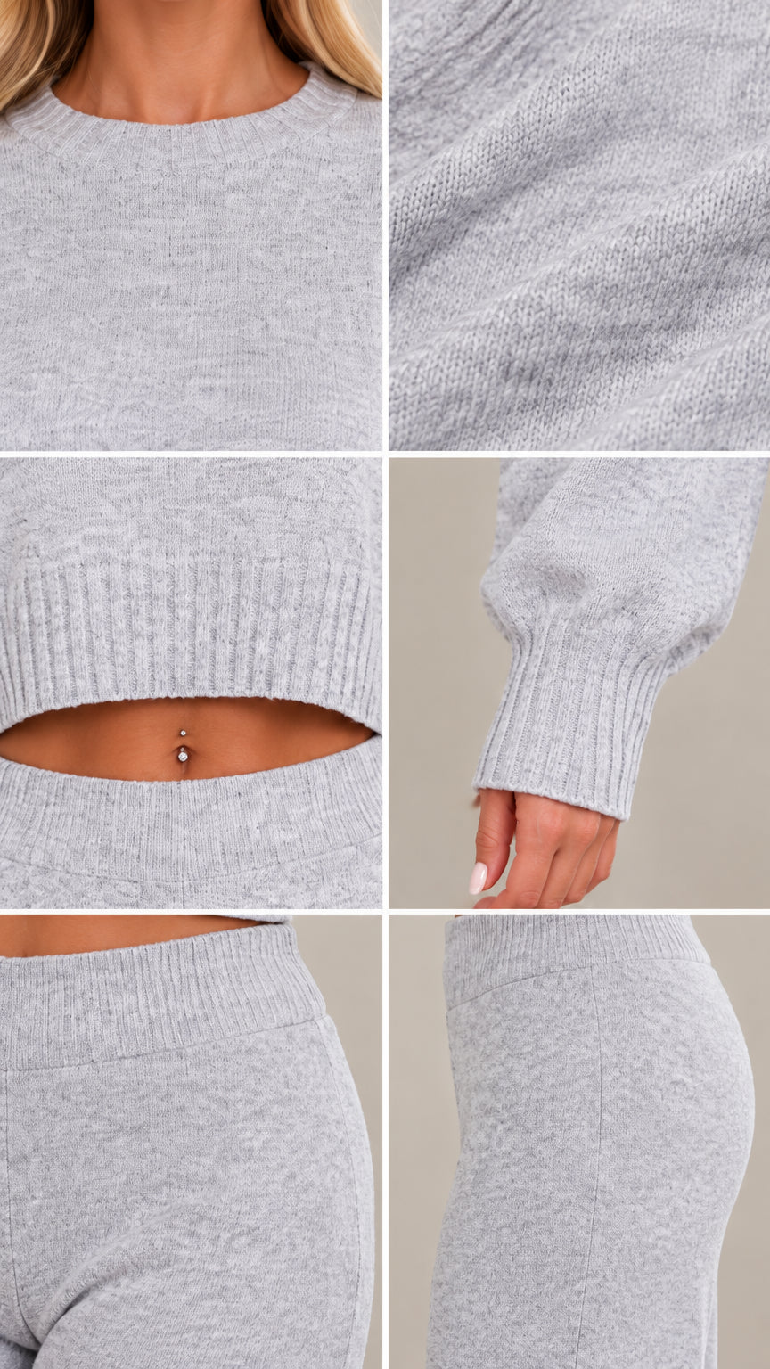 Close up collage of knit fabric texture, ribbed crewneck, waistband, and ribbed sleeve cuffs