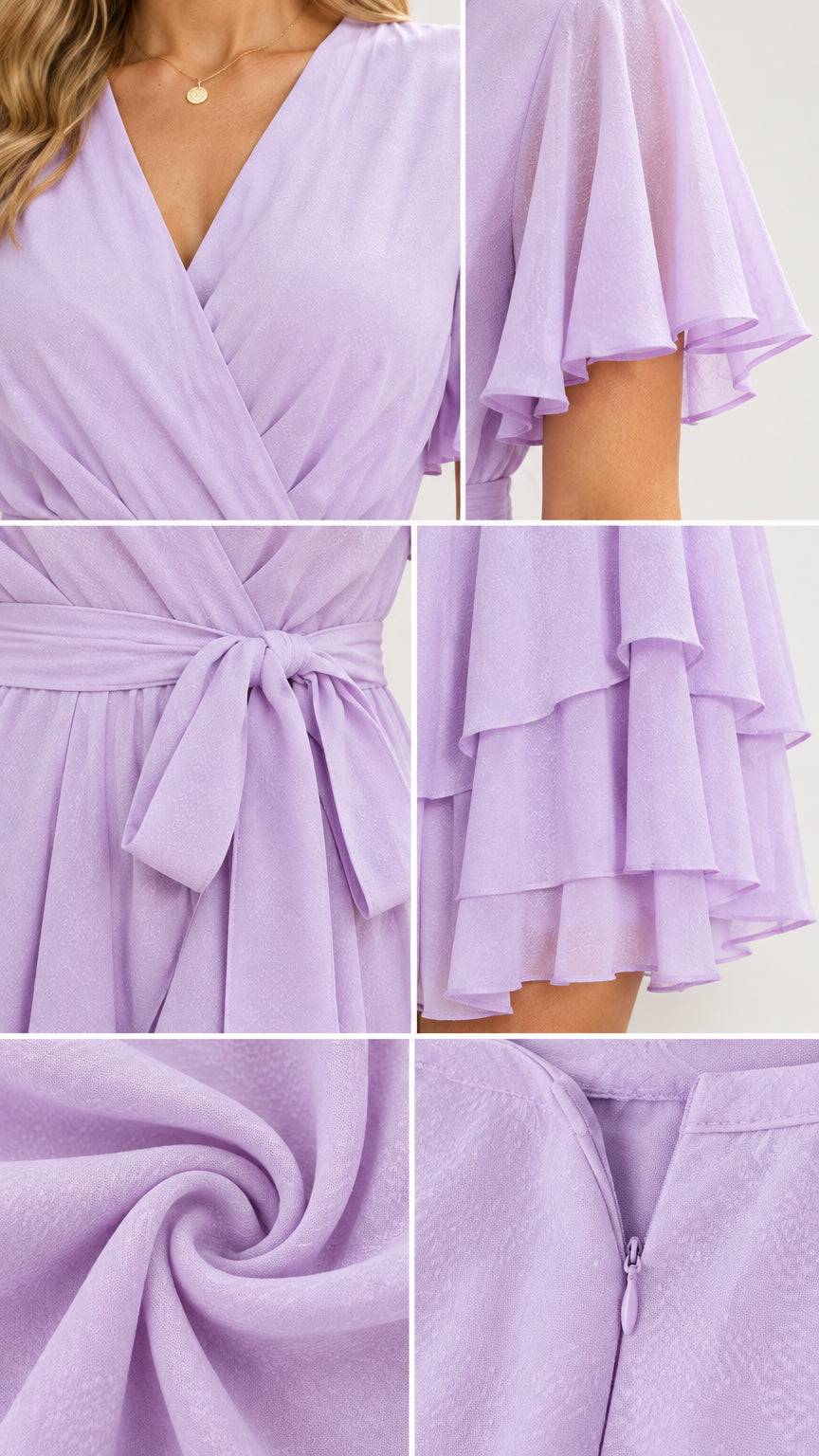 Detailed close-ups of lavender fabric texture, V-neck, flutter sleeve, tiered ruffles, and zipper closure