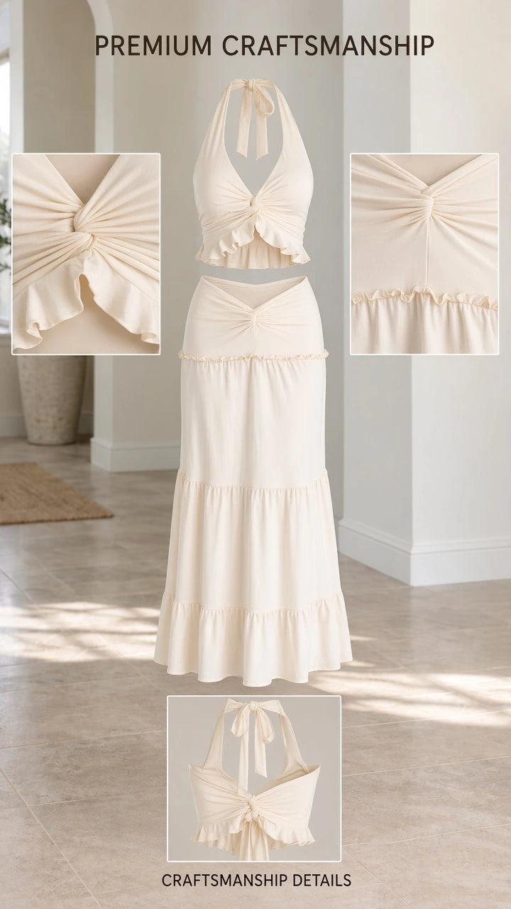 Flat lay and detail views of cream halter crop top and tiered maxi skirt set craftsmanship