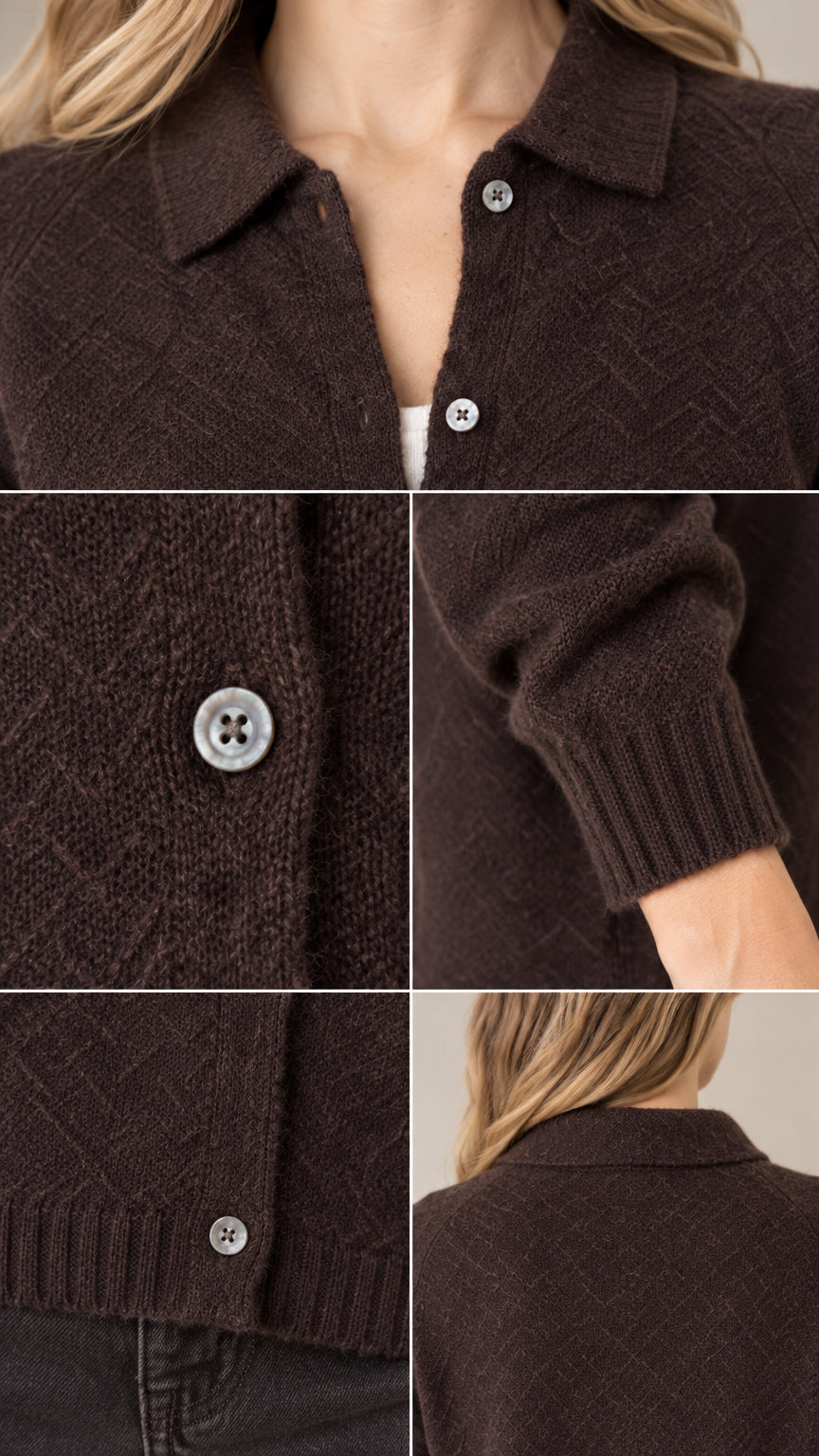 Close-up details of dark brown cardigan polo collar, knit texture, buttons, and ribbed cuff