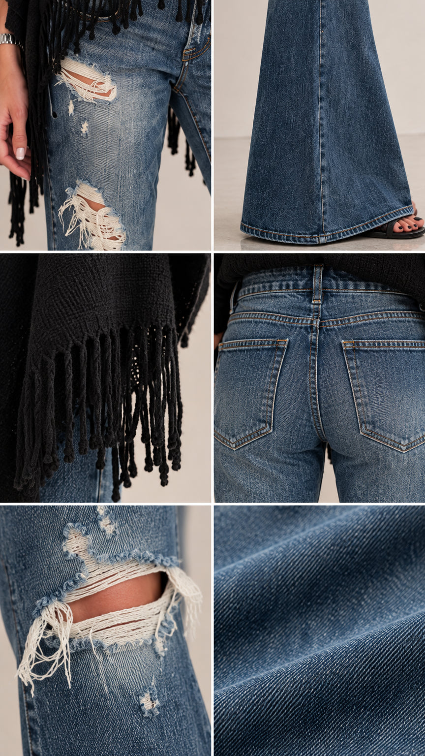 Detailed collage showing fringe trim, bell bottom hem, back pockets, and denim distressing