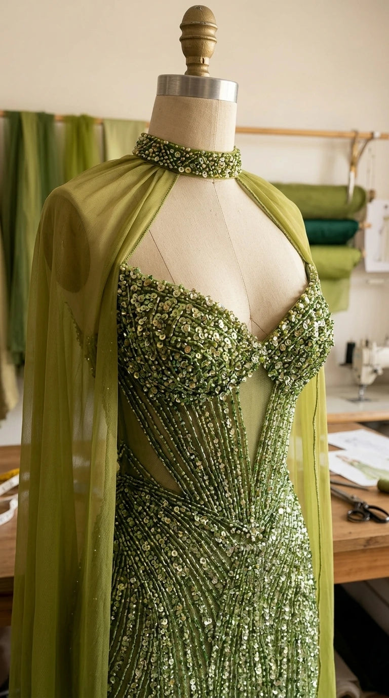 Close-up detail of olive green corset bodice with exposed boning and sequin embellishments