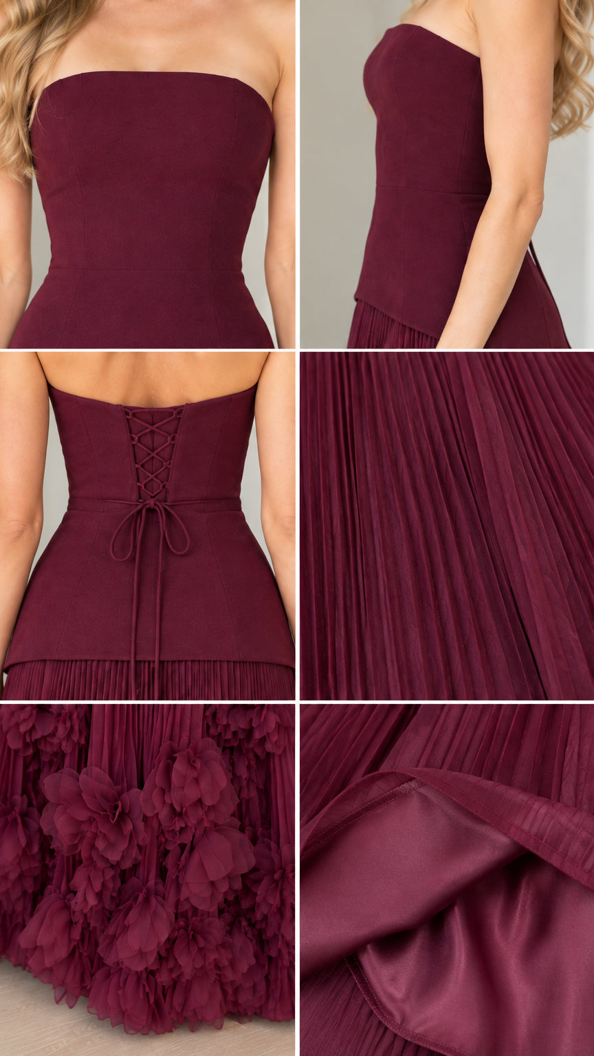 Detailed collage showing strapless neckline, drop waist bodice, lace-up tie closure, pleated texture, and 3D floral ruffles