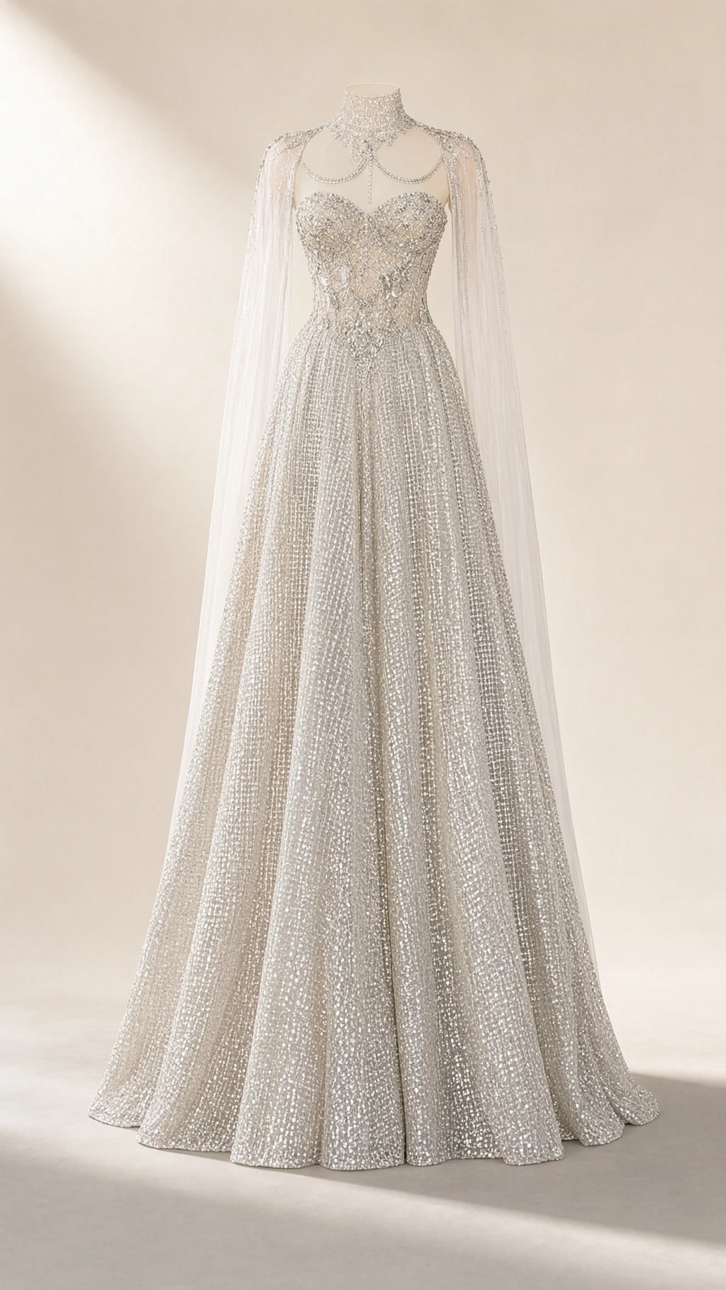 Studio display of silver sequin evening gown and sheer embellished cape on mannequin
