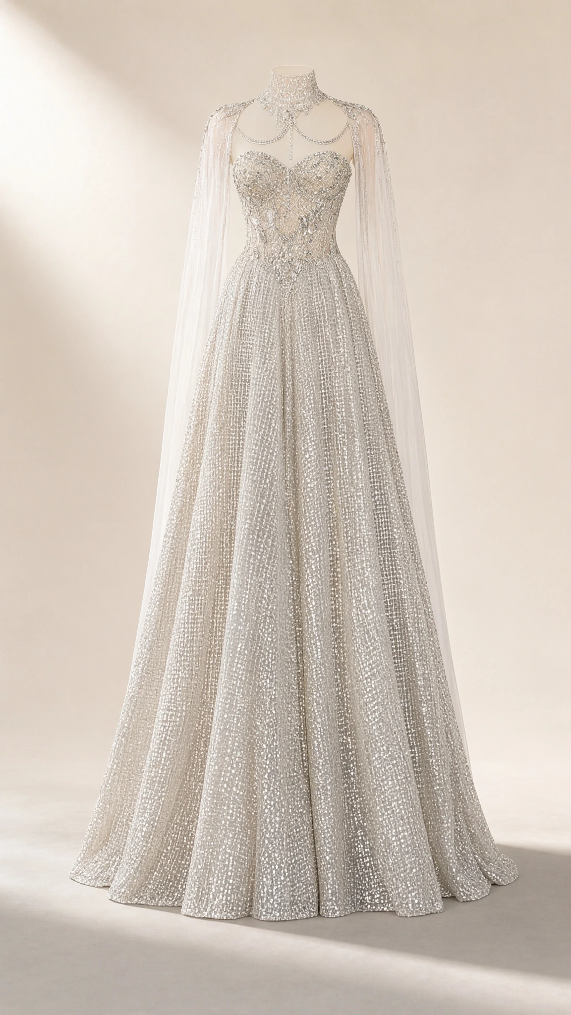 Studio display of silver sequin evening gown and sheer embellished cape on mannequin