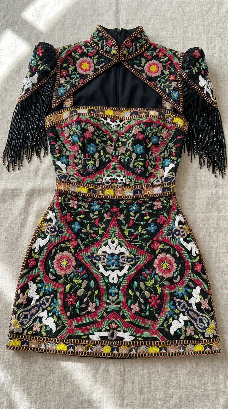 Flat lay close-up of black embroidered mini dress displaying detailed beading and shoulder tassels