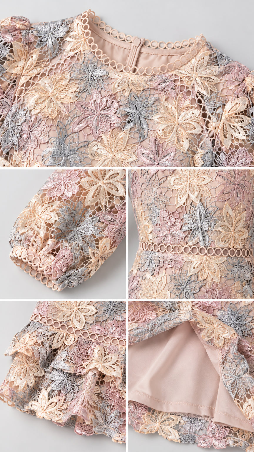 Close-up detail shots of Blush Pink floral lace neckline, sleeve cuff, waist trim, ruffle hem, and inner lining