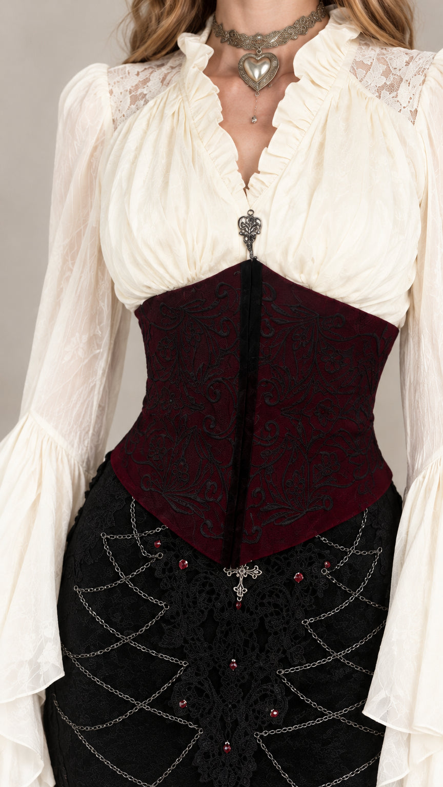 Close-up detail of ruffled neckline, corset panel, draped chains, and floral lace trim