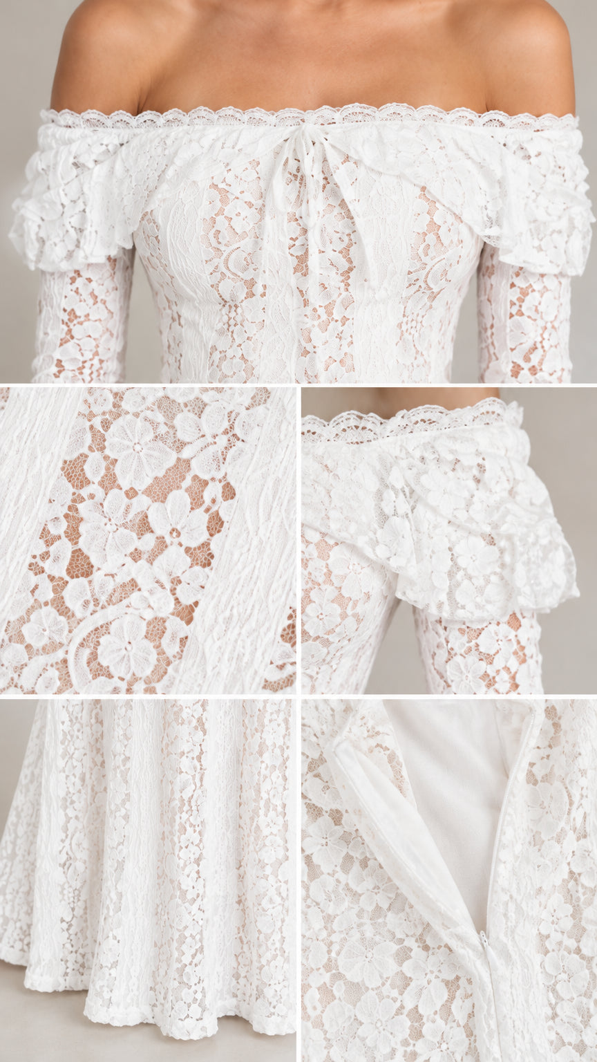 Detailed close-ups of white floral lace texture, ruffle neckline, and back zipper