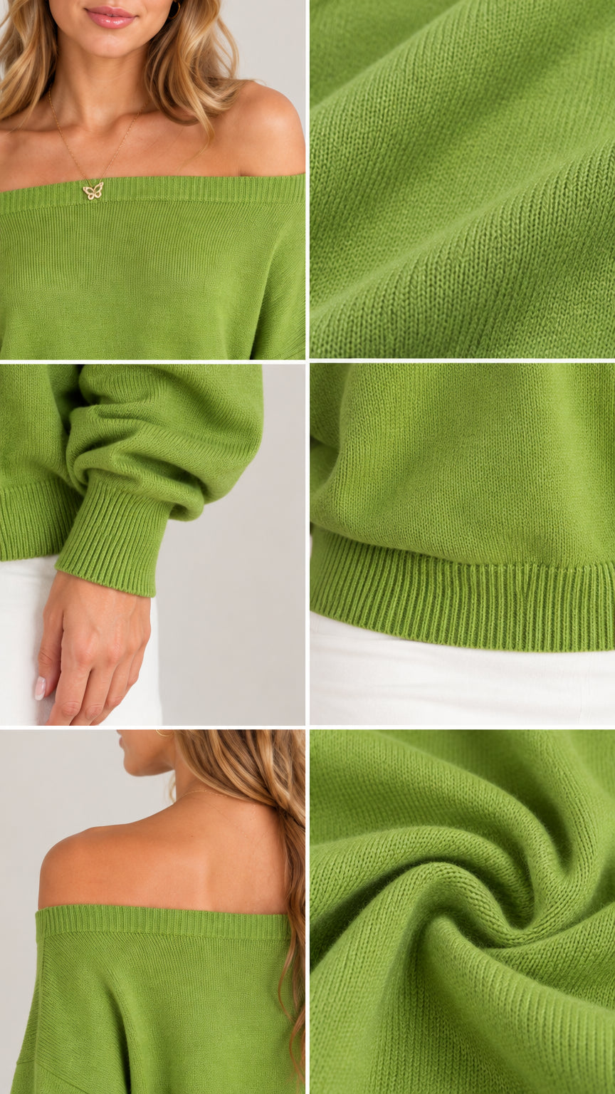 Detailed close-ups of green knit fabric, ribbed neckline, ribbed hem, and cuffs