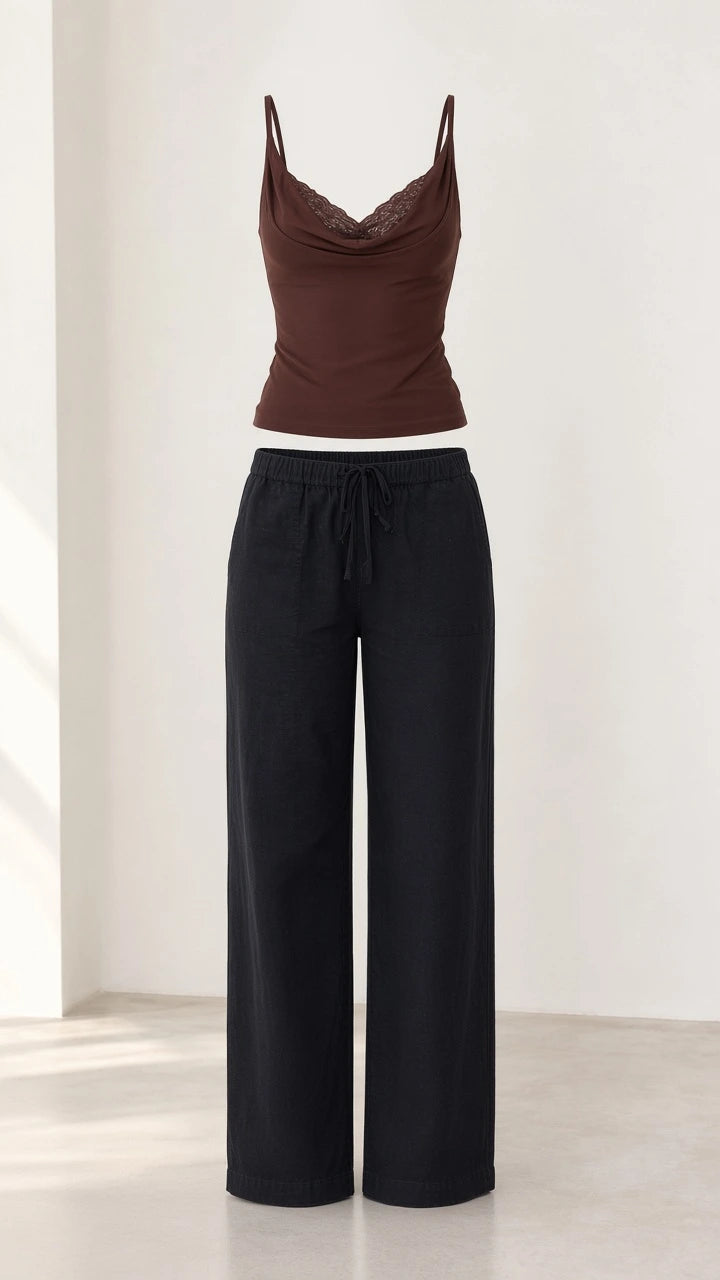 Ghost mannequin product layout of brown lace cowl neck top and black wide leg pants